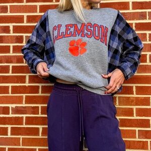 Clemson Gray & Navy Plaid Sleeve Sweatshirt with Orange Paw